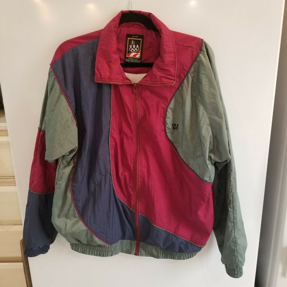 VTG JC PENNY EXCLUSIVE USA OLYMPIC WIND BREAKER LONG SLEEVE BURG/BLUE/GREEN